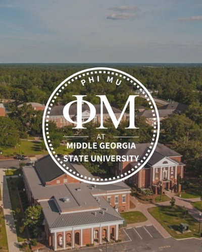 Phi Mu logo overlaps a photo of MGA's Cochran Campus. 